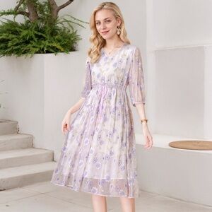 Silk Floral Dress High Waist For Wedding Guest L-XL Real Silk Life USA SHIP SK2